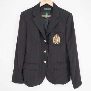 Lauren Ralph Lauren Blazer Jacket Womens Sz 14 Black Crest Embroidered Preppy